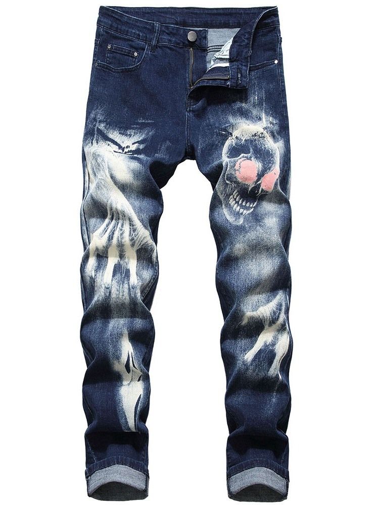 Skull Pencil Printed Mid Waist Miesten Rento Farkut