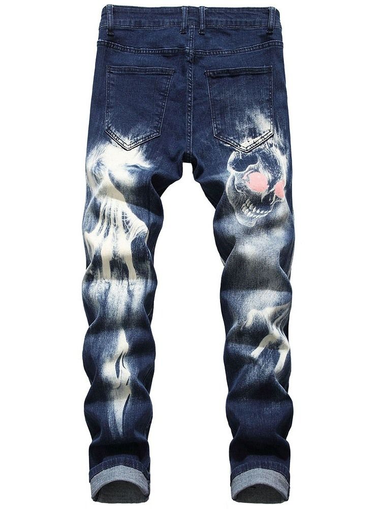 Skull Pencil Printed Mid Waist Miesten Rento Farkut