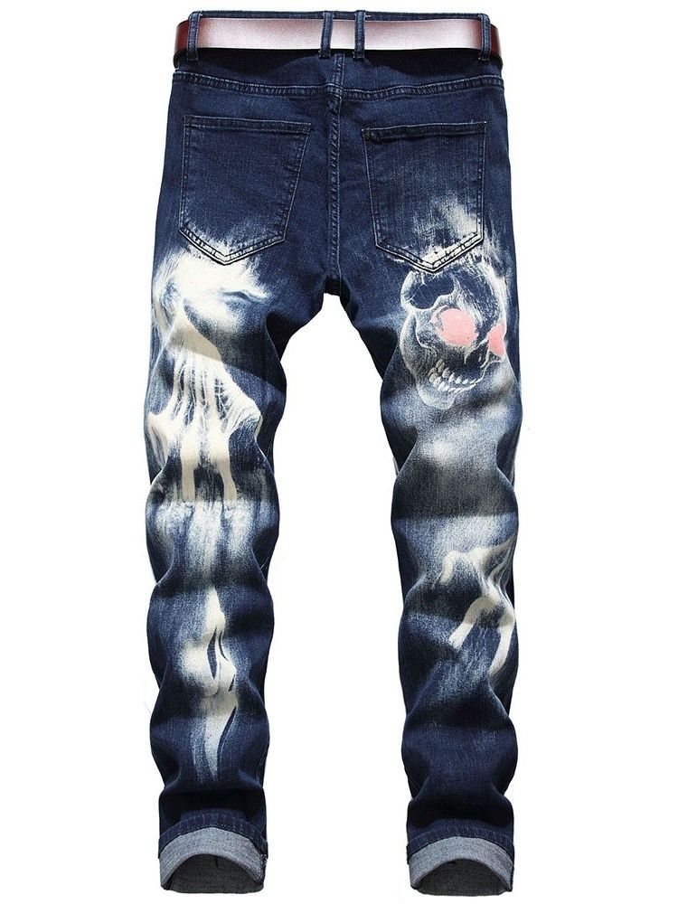 Skull Pencil Printed Mid Waist Miesten Rento Farkut