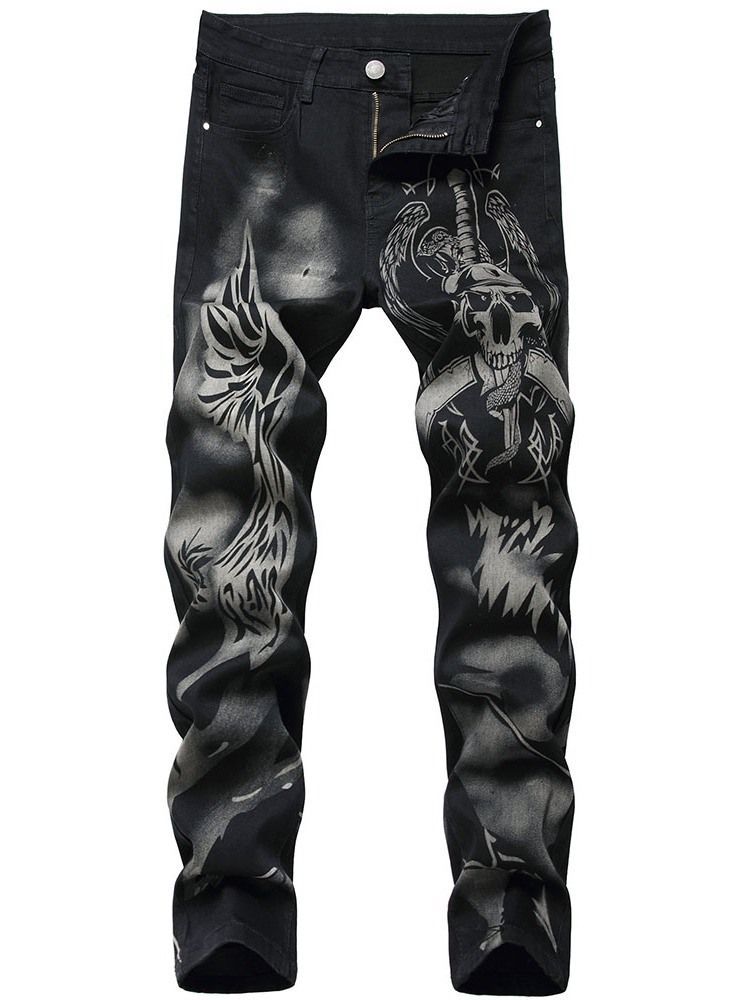 Skull Straight Print European Mid Waist -farkut