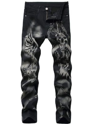 Skull Straight Print European Mid Waist -farkut