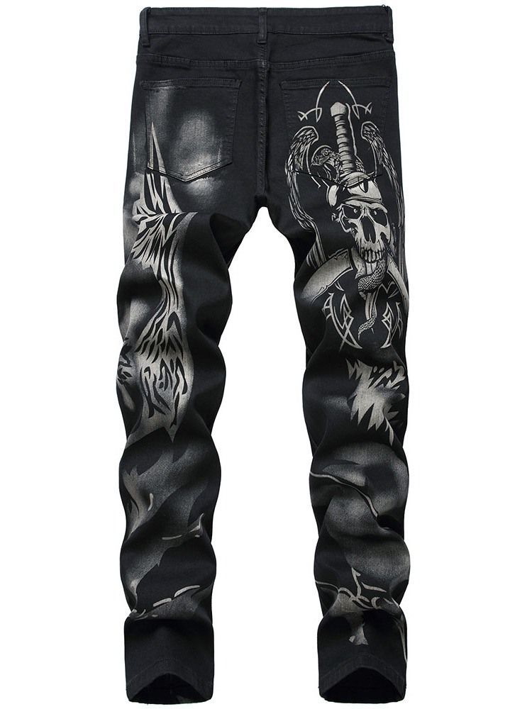 Skull Straight Print European Mid Waist -farkut